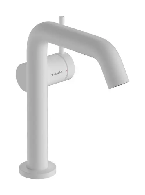 Ein weißer Einhebel-Waschtischmischer von Hansgrohe mit einer geraden Auslaufdüse und einem integrierten Push-Open Ablaufventil.